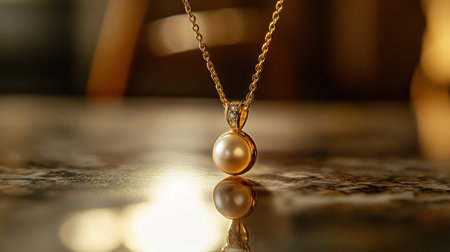 A stunning gold necklace featuring a lustrous pearl pendant, beautifully displayed on a polished marble surface. Ideal for luxury-themed visual projects.の素材