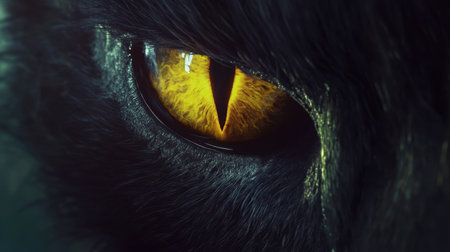 This mesmerizing close-up captures the essence of a cat's eye, featuring a vibrant yellow iris and a curious pupil, set against a dark backdrop.の素材