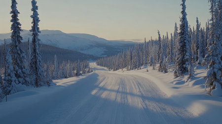 Breathtaking winter landscape featuring a snow-covered road winding through tall pine trees, set against serene mountains under a clear blue sky.の素材