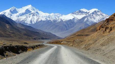 This stunning landscape features a winding dirt road leading through a majestic mountain range, showcasing snow-capped peaks under a clear blue sky.の素材
