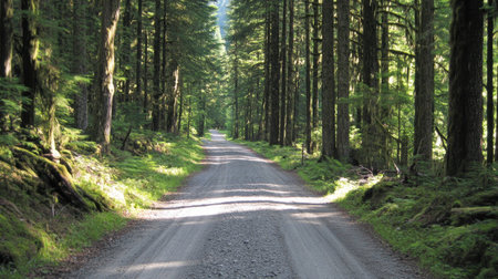 A tranquil gravel road meanders through a lush green forest, illuminated by soft sunlight filtering through tall trees. Ideal for nature lovers.の素材