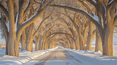 A stunning winter scene featuring a snowy road lined with majestic trees, creating a serene and enchanting atmosphere in nature's landscape.の素材