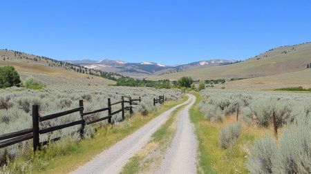 A peaceful gravel pathway winds through lush green shrubbery, leading to stunning mountains under a bright blue sky, perfect for nature lovers.の素材