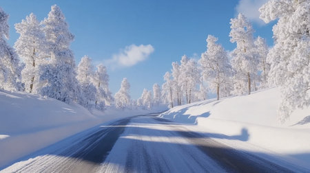 A breathtaking winter scene showcasing a snow-covered road flanked by frosty trees under a bright blue sky. The tranquil atmosphere invites exploration.の素材