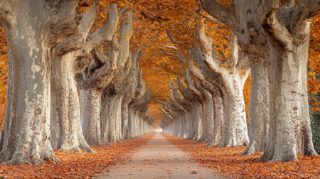 A picturesque scene showcasing a tranquil pathway lined with magnificent trees in vibrant autumn colors. The warm orange leaves create a serene atmosphere.の素材