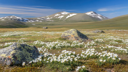 A captivating view of a serene mountain landscape filled with vibrant wildflowers, scattered rocks, and a clear blue sky, perfect for nature lovers.の素材