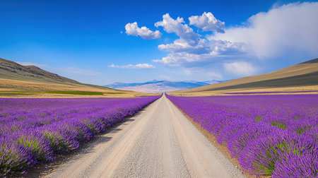 A stunning view of endless lavender fields stretches alongside a dusty road under a bright blue sky. Fluffy white clouds float gracefully above, creating a serene atmosphere perfect for showcasing nature's beauty.の素材