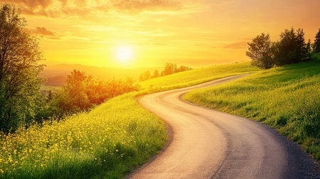 A captivating scene featuring a winding road set against a stunning sunrise. The golden light enhances the lush green fields and creates a peaceful ambiance in nature.の素材