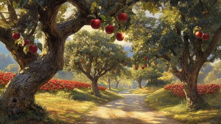 A breathtaking scene capturing a peaceful pathway winding through an enchanting apple orchard, dotted with vibrant red flowers and dappled sunlight, perfect for nature lovers.の素材