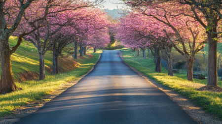 A picturesque pathway surrounded by blooming cherry trees, showcasing vibrant pink blossoms under soft morning light. A tranquil escape into natureの素材