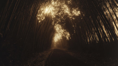 A tranquil path winds through a captivating bamboo forest, illuminated by soft golden light. This serene landscape evokes peace and harmony in nature.の素材
