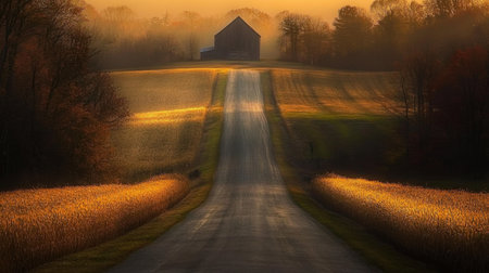 A tranquil country road leads to a rustic barn, bathed in the warm glow of soft evening light, surrounded by golden fields and serene nature.の素材