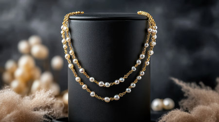A stunning display of an elegant pearl necklace on a sleek black cylinder against a softly blurred background, perfect for showcasing luxury jewelry.の素材