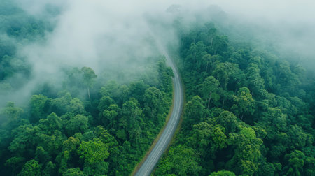 Experience the tranquility of a winding road cutting through a lush green forest, enveloped in soft mist and fog. This serene landscape invites exploration.の素材