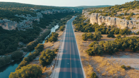 A stunning aerial view captures an empty highway winding through lush greenery and rocky cliffs, highlighting the beauty of the serene landscape.の素材