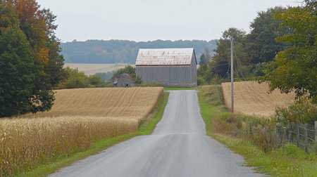 A picturesque rural scene captures a winding country road leading to a charming barn surrounded by golden fields and lush greenery. This tranquil landscape evokes a sense of peace and simplicity, perfect for showcasing the beauty of autumn.の素材