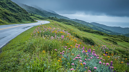 An enchanting view of a winding mountain road accompanied by vibrant wildflowers and lush greenery under a dramatic cloudy sky, perfect for nature lovers.の素材