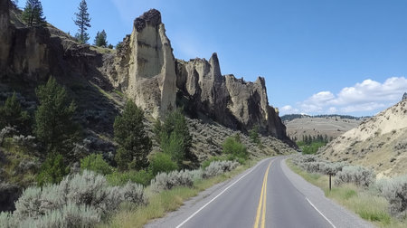 A picturesque road winds through striking rock formations under a clear blue sky, showcasing the beauty of nature and inviting exploration.の素材