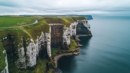 Captivating aerial view of dramatic coastal cliffs set against a cloudy sky, showcasing lush greenery and calm ocean waters, perfect for nature lovers.の素材