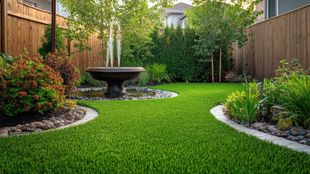 A serene backyard featuring a beautiful fountain amidst lush green grass and vibrant shrubs. Ideal for relaxation, this garden design showcases nature's beauty.の素材