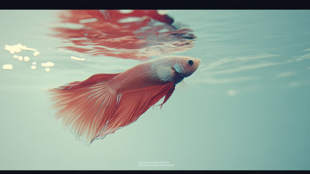 This stunning underwater photograph captures a graceful betta fish elegantly swimming with its vibrant red fins flowing through the crystal-clear water in a tranquil environment.の素材