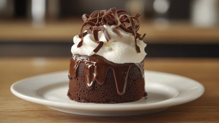 A stunning close-up of a rich chocolate cake topped with creamy frosting and delicate chocolate shavings, creating an irresistible dessert experience.の素材