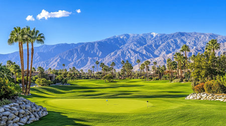 A breathtaking view of a tranquil golf course surrounded by lively greenery, palm trees, and majestic mountains under a clear blue sky, perfect for nature lovers.の素材