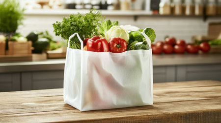 A vibrant array of fresh vegetables in a reusable bag, showcasing a commitment to healthy eating and sustainable choices in a modern kitchen setting.の素材