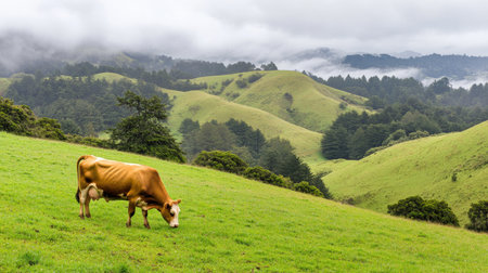 A serene landscape featuring a cow grazing peacefully on lush green hills, surrounded by foggy mountains and an overcast sky, illustrating rural tranquility.の素材