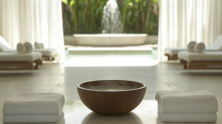 A tranquil spa interior that showcases a wooden bowl with steam, soft white towels, and a calming water fountain, creating an inviting relaxation atmosphere.の素材