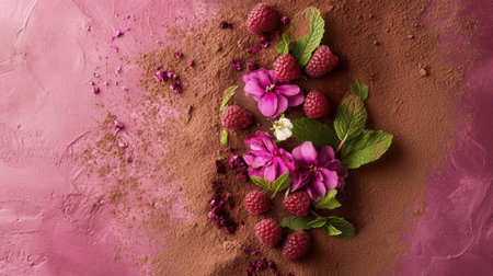 A stunning display featuring fresh raspberries, delicate flowers, and rich chocolate on a textured pink background, perfect for food photography and culinary inspiration.の素材