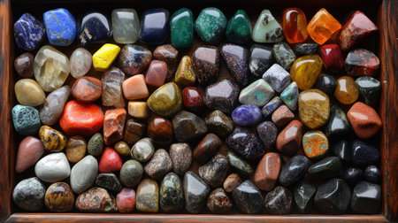 A stunning collection of polished gemstones showcased in a wooden tray, highlighting a variety of shapes, colors, and textures, perfect for decoration.の素材