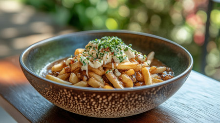 Indulge in a mouthwatering serving of golden French fries drizzled with rich creamy sauce and topped with fresh herbs. Perfect for any dining occasion.の素材