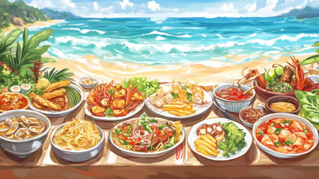 A stunning display of seafood dishes arranged elegantly on a beachside table, offering a vibrant culinary experience against a picturesque ocean backdrop.の素材