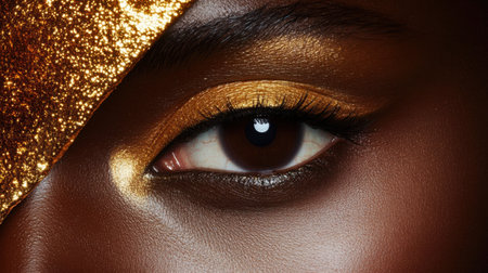 A mesmerizing close-up of a beautifully styled eye featuring shimmering gold makeup and glittering eyelids, perfect for beauty and fashion inspirations.の素材