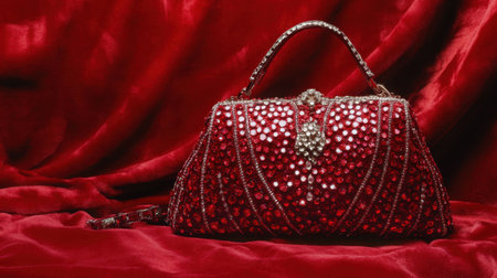 This stunning red handbag features intricate sparkling embellishments that catch the light beautifully, set against a luxurious red fabric backdrop.の素材
