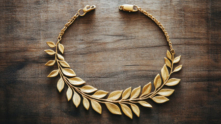 A stunning gold leaf necklace displayed on a wooden background, highlighting intricate design and craftsmanship. Ideal for fashion and jewelry enthusiasts.の素材
