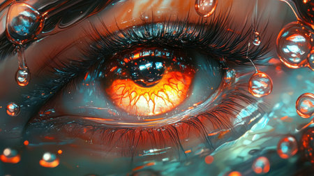 This striking image captures a vibrant orange eye enveloped in water droplets, showcasing intricate details. The beautiful reflections create a captivating visual experience.の素材
