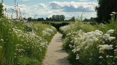 A tranquil garden pathway lined with vibrant white flowers leads into a lush green field under a stunning blue sky adorned with fluffy clouds.の素材