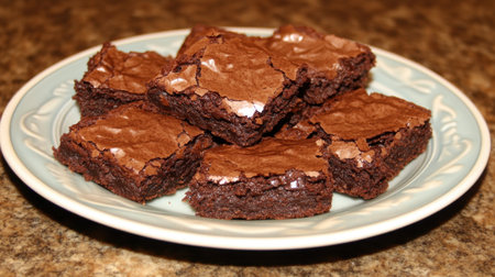 A mouthwatering display of rich, fudgy brownies on a decorative plate, perfect for satisfying your dessert cravings and elevating any gathering.の素材