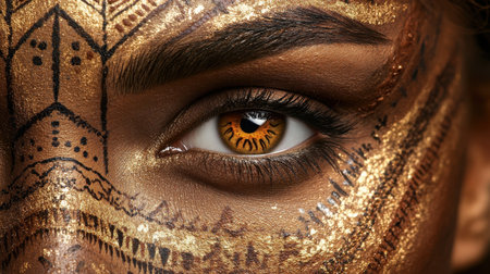 This stunning close-up captures the beauty of an eye adorned with intricate body art and shimmering gold elements, celebrating cultural expression and creativity.の素材