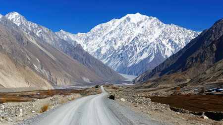 A breathtaking view of snow-capped mountain peaks rises above a quiet gravel road, showcasing natureの素材