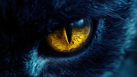 A stunning close-up of a cat's eye featuring a bright yellow iris and intricate texture, set against a dark background, highlighting the beauty of nature.の素材