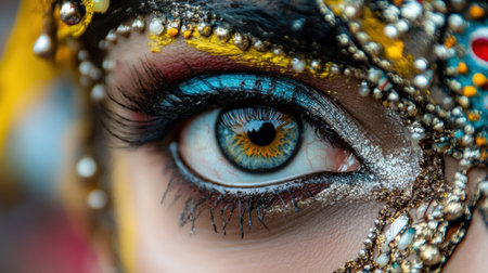 This striking close-up captures an eye featuring intricate makeup and vibrant colors. Decorative elements enhance the beauty and artistry, creating a captivating visual experience.の素材