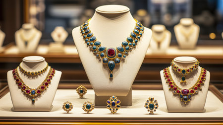 A stunning showcase of exquisite jewelry featuring beautifully designed necklaces and earrings adorned with vibrant gemstones, perfect for any elegant occasion.の素材