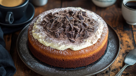 A delectable chocolate cake topped with creamy frosting and shaved chocolate, beautifully presented on a rustic wooden table, perfect for dessert lovers.の素材