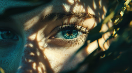 This stunning close-up captures a mesmerizing eye framed by intricately patterned shadows of leaves, creating an inviting and serene atmosphere.の素材