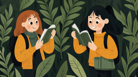 This vibrant illustration showcases two young friends joyfully reading books in a lush green setting, surrounded by an abundance of leaves, symbolizing adventure and learning.の素材