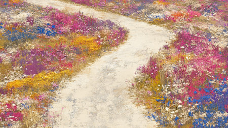 This image captures a serene dirt pathway winding through a vibrant meadow filled with blossoming wildflowers, showcasing the beauty of nature in spring.の素材