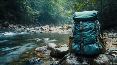This serene image captures a backpack resting on a rocky bank beside a calm river, surrounded by lush greenery, embodying a perfect outdoor adventure.の素材